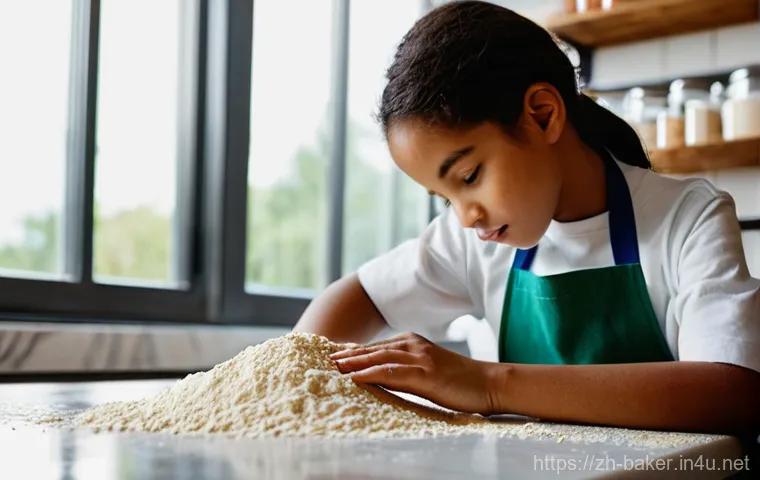 제과제빵 실습 중 흔한 실수와 대처법 - **Prompt 1: The Focused Baker and Flour.**
    A close-up, high-resolution photo of a young, enthusi...