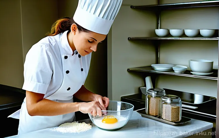 제과제빵 시험 중 실수 피하는 법 - **Prompt 1: The Meticulous Baker's Preparation**
    "A professional female baker, mid-30s, wearing ...