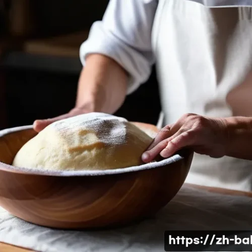 제과제빵 현장 경험이 필요한 이유 - A close-up shot focusing on a baker's hands, mid-knead, gently stretching a perfectly proofed dough ...