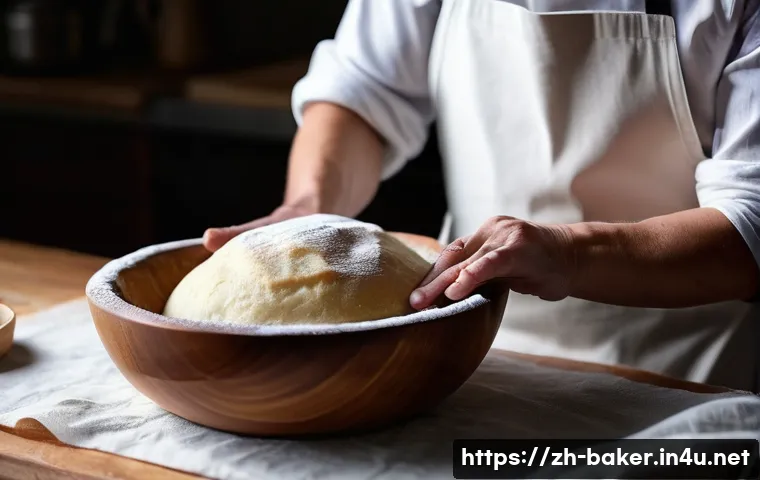 제과제빵 현장 경험이 필요한 이유 - A close-up shot focusing on a baker's hands, mid-knead, gently stretching a perfectly proofed dough ...